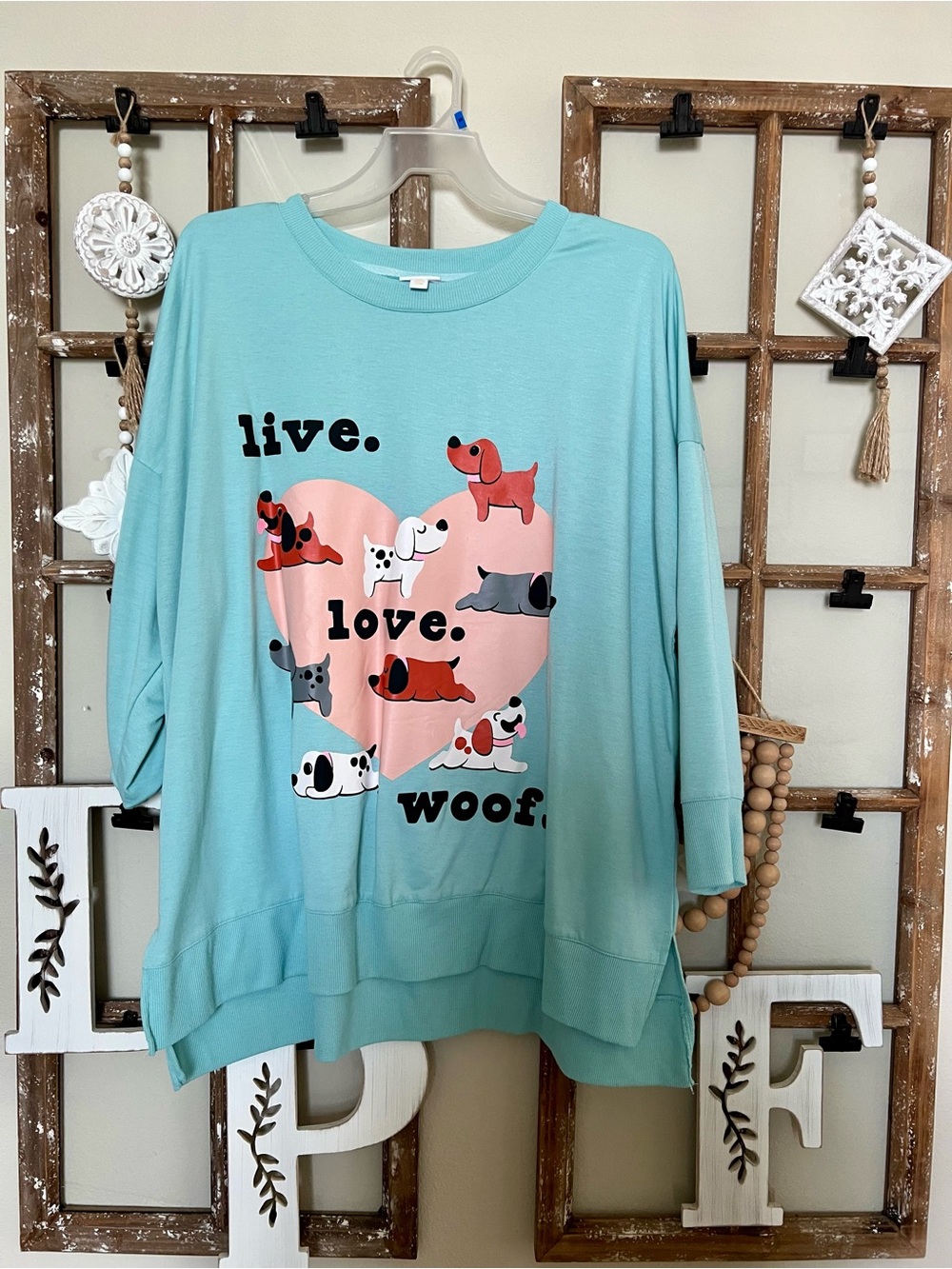 LuLaRoe Mint Pullover with Pink Heart and Multicolor Dog Prints